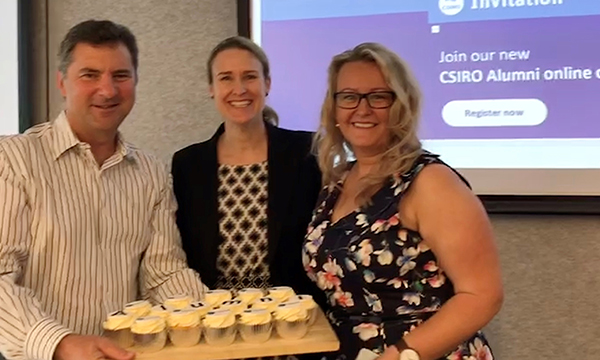 Larry Marshall with Claire Manson and Alex Mead at the launch of the CSIRO Alumni network