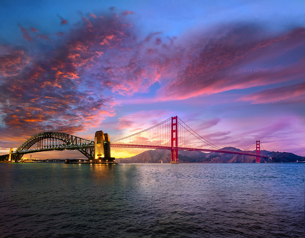 Sydney harbour bridge merges into the Golden Gate bridge