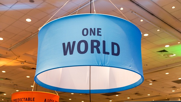 Large lampshade with One World printed on it