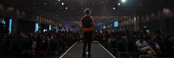 View from the stage looking down on an audience