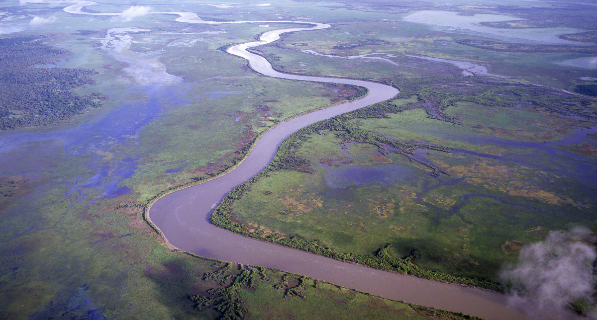 aerial of river and flood plain