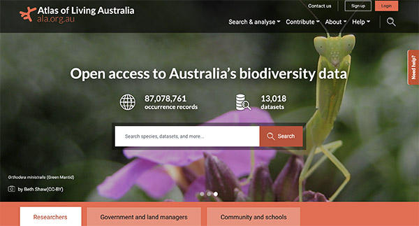 Atlas of Living Australia website screnshot