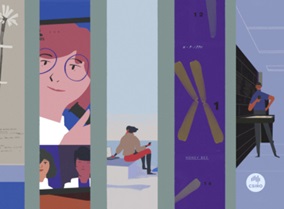 Graphic illustration split into five vertical columns, each with a different image, dandelion in first, women in second, sitting figure in third, dragonfly in fourth and person with computer bank.