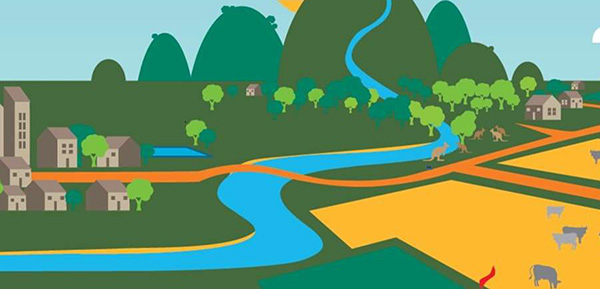 Artists drawing of a suburban scene leading through to a rural scene. 