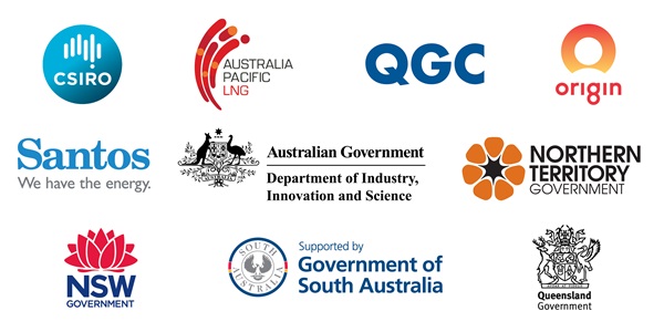 Logos of the GISERA partners icluding, CSIRO, Australia Pacific LNG, QGC, Santos, Origin, Department of Industry, Innovation and Science, and the New South Wales Government. 