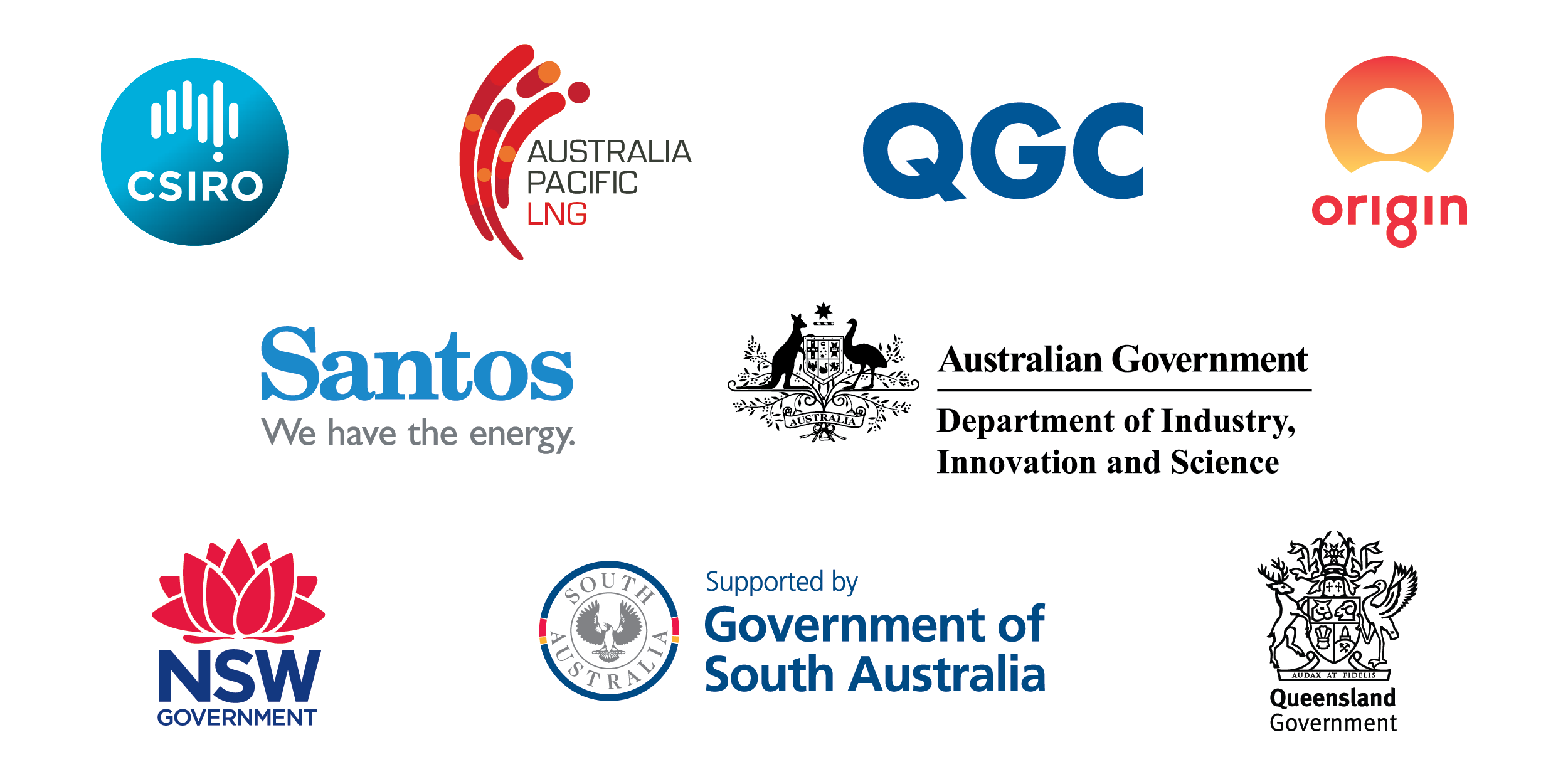 Logos of the GISERA partners icluding, CSIRO, Australia Pacific LNG, QGC, Santos, Origin, Department of Industry, Innovation and Science, and the New South Wales Government. 
