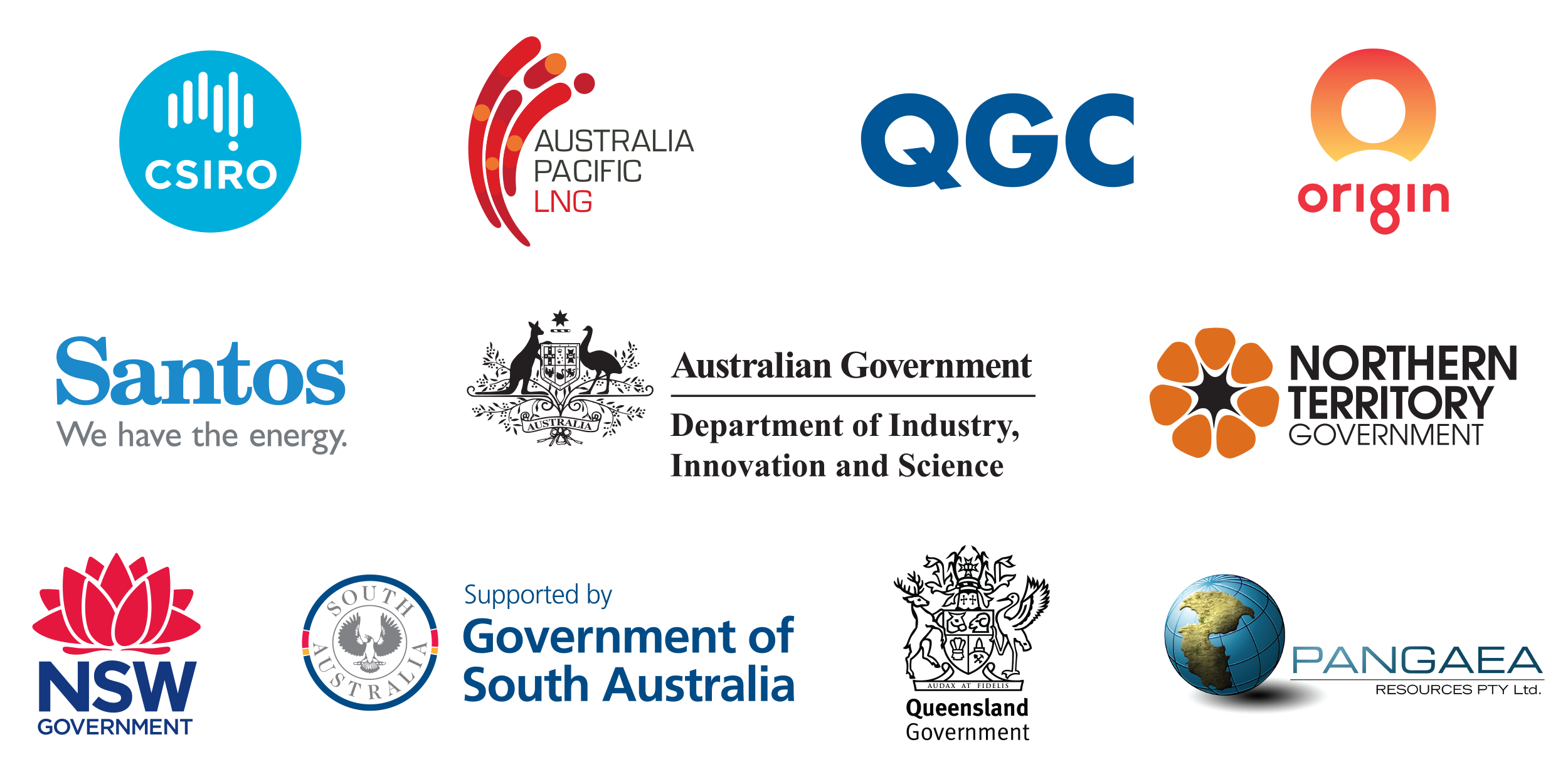Logos of the GISERA partners - CSIRO; Australia Pacific LNG; QGC; Origin; Santos; Department of Industry, Innovation and Science; Northern Territory Government; New South Wales Government; Government of South Australia; Queensland Government; and Pangaea.