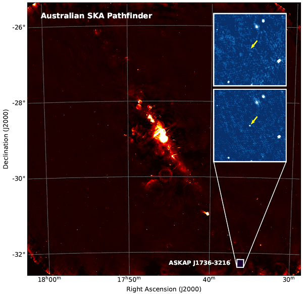 An ASKAP image of the Galactic Centre region with small insets showing the source turning off and on in data captured by ASKAP. Credit: Ziteng Wang et al. 