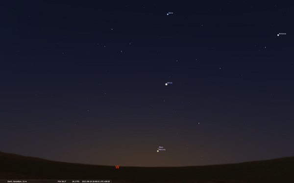 The three planets and Spica at 18:45 on 18 August as seen from Geraldton. Generated using Stellarium.