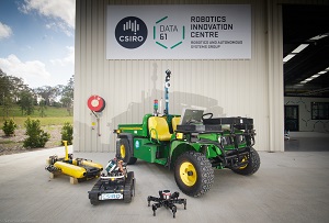 A collection of autonomous devices in front of the CSIRO Data61 Robotics Innovation Centre