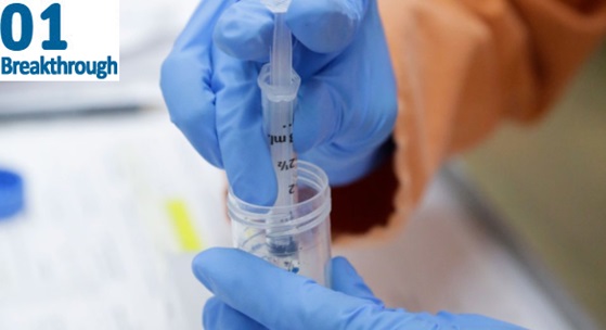 close up of a scientist's hands with gloves on using a syringe