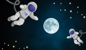 Image of the moon at night with cartoon astronauts floating around