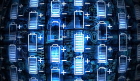 stylised image of battery icons in blue and black