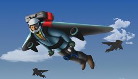 Cartoon of man with jet pack