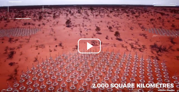 small metal christmas tree shaped telescope antennas in the desert